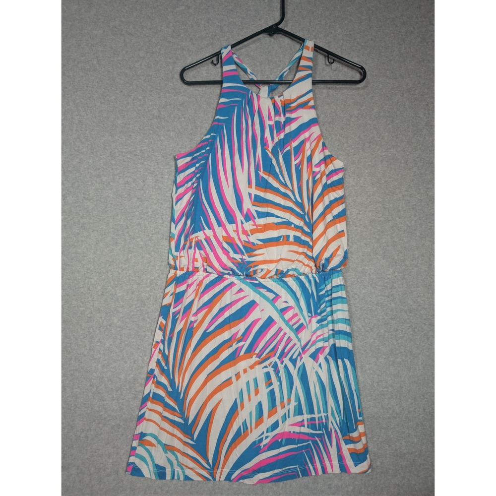 Tori Richard Mini Dress Womens Medium Blue Orange Palm Print Honolulu Resortwear
